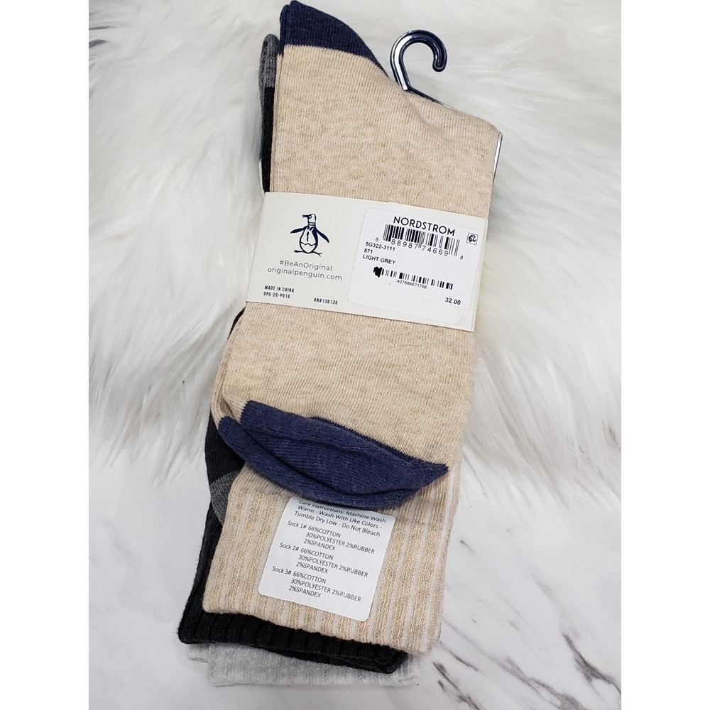 NEW An Original Penguin Mens Crew‎ Socks Pack of 3 (8-13) beige navy blue